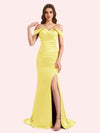 Sexy Side Slit Off Shoulder Mermaid Soft Satin Long Matron of Honor Dress For Wedding