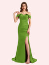 Sexy Side Slit Off Shoulder Mermaid Soft Satin Long Matron of Honor Dress For Wedding