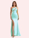 Sexy One Shoulder Side Slit Mermaid Soft Satin Long Matron of Honor Dress For Wedding