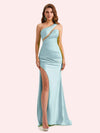 Sexy One Shoulder Side Slit Mermaid Soft Satin Long Matron of Honor Dress For Wedding