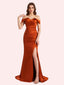 Sexy Side Slit Off Shoulder Mermaid Soft Satin Long Matron of Honor Dress For Wedding