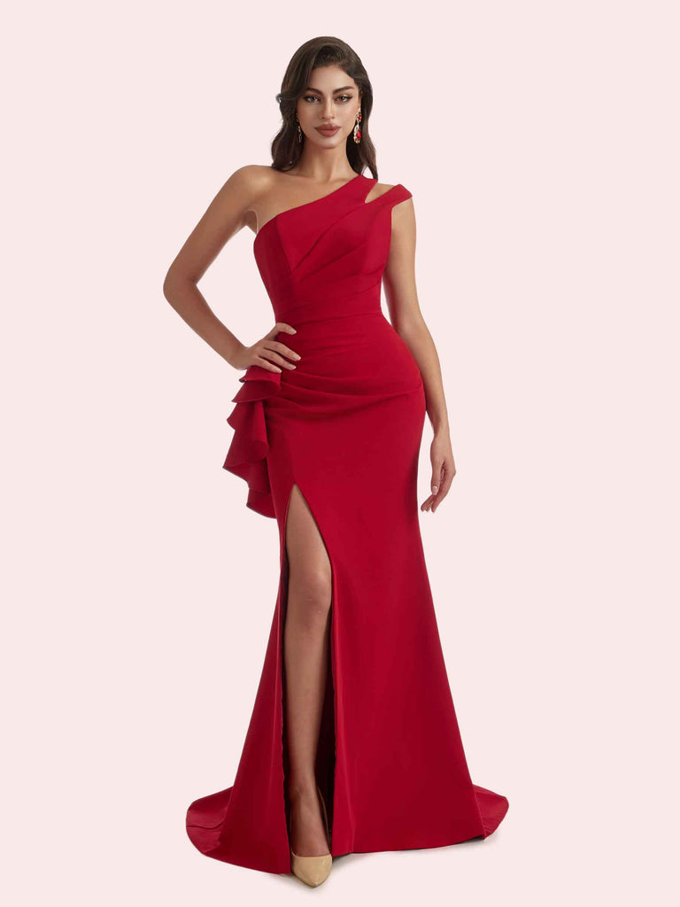 Elegant Mermaid Side Slit One Shoulder Crepe Long Bridesmaid Dress For Wedding Elegant Mermaid Side Slit One Shoulder Crepe Long Bridesmaid Dress For Wedding