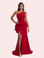 Elegant Mermaid Side Slit One Shoulder Crepe Long Bridesmaid Dress For Wedding