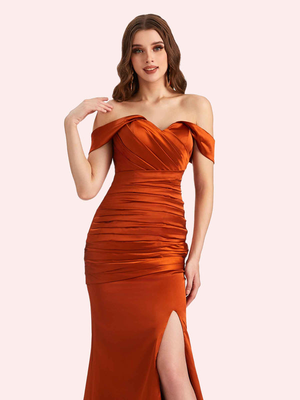 Sexy Side Slit Off Shoulder Mermaid Soft Satin Long Matron of Honor Dress For Wedding