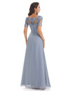 Elegant Lace Short Sleeves Chiffon V-neck Floor-length Mother of The Bride Dresses