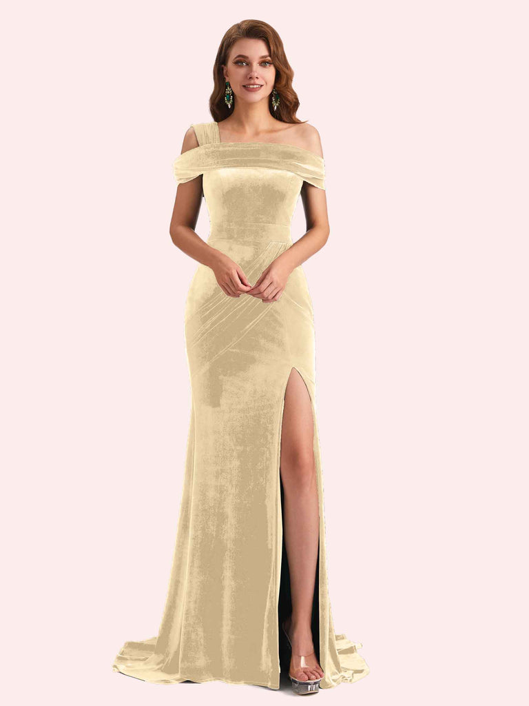 Sexy Velvet One Shoulder Side Slit Mermaid Long Bridesmaid Dresses Online Sexy Velvet One Shoulder Side Slit Mermaid Long Bridesmaid Dresses Online