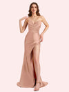 Sexy V-neck Mermaid Side Slit Soft Satin Long Matron of Honor Dress For Wedding