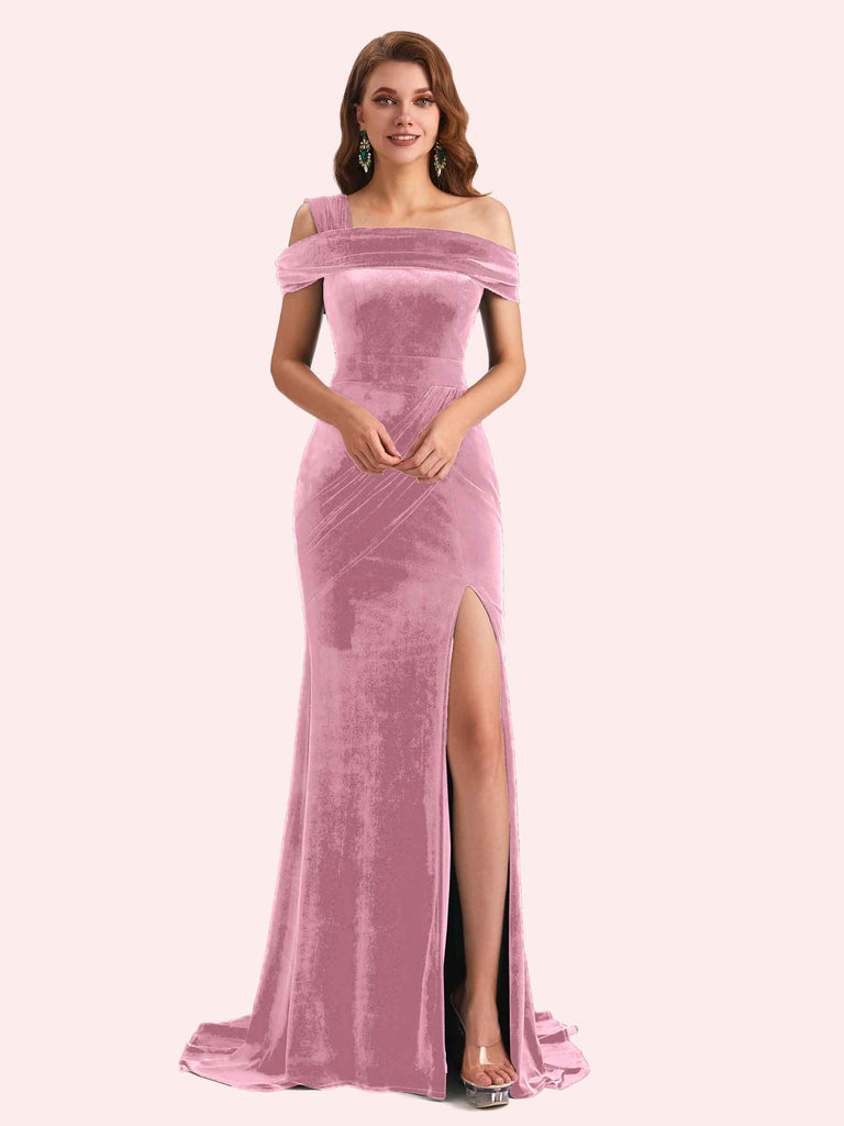 Sexy Velvet One Shoulder Side Slit Mermaid Long Bridesmaid Dresses Online Sexy Velvet One Shoulder Side Slit Mermaid Long Bridesmaid Dresses Online