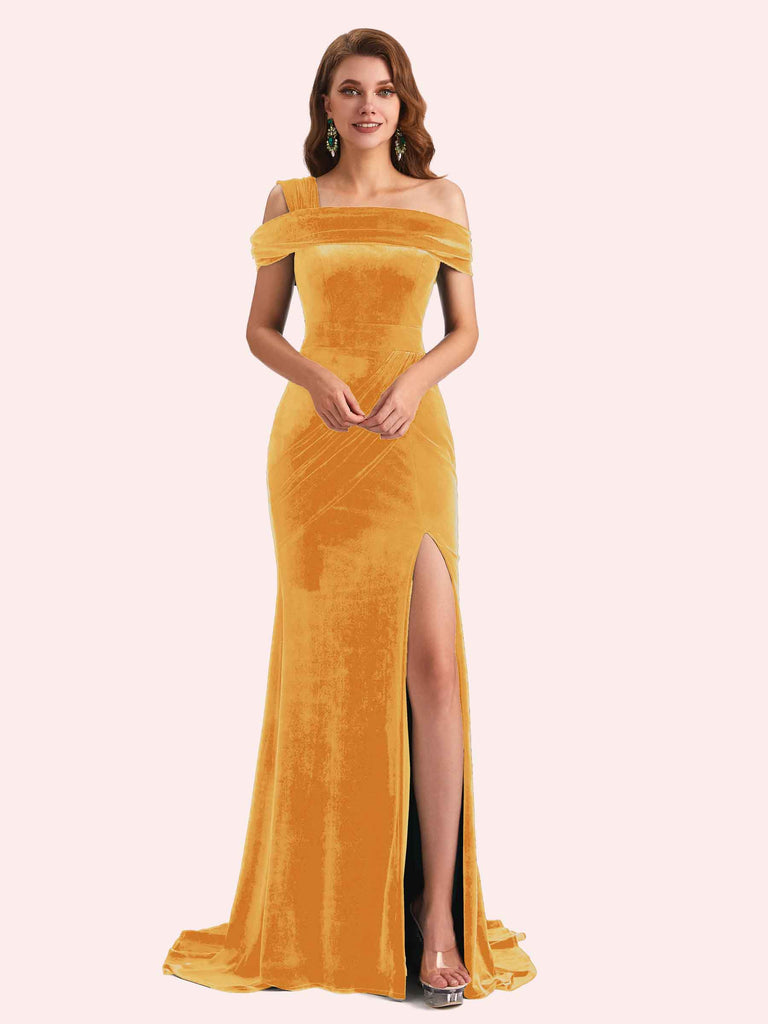 Sexy Velvet One Shoulder Side Slit Mermaid Long Bridesmaid Dresses Online Sexy Velvet One Shoulder Side Slit Mermaid Long Bridesmaid Dresses Online