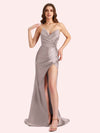 Sexy V-neck Mermaid Side Slit Soft Satin Long Matron of Honor Dress For Wedding