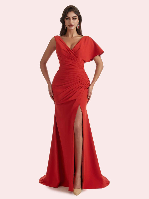 Gorgeous Mermaid Side Slit V Neck Crepe Long Bridesmaid Dress For Wedding