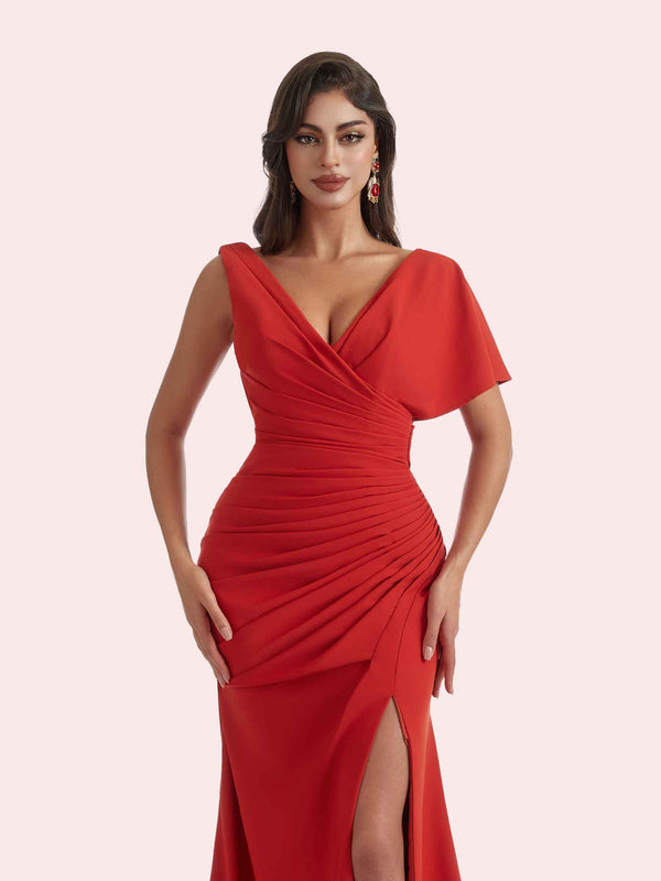 Gorgeous Mermaid Side Slit V Neck Crepe Long Bridesmaid Dress For Wedding