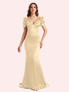 Elegant V-neck Short Sleeves Mermaid Soft Satin Long Matron of Honor Dress For Wedding
