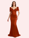 Elegant V-neck Short Sleeves Mermaid Soft Satin Long Matron of Honor Dress For Wedding