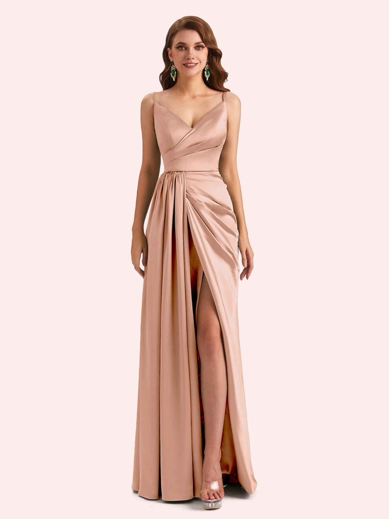 Sexy Spaghetti Straps Side Slit Mermaid Soft Satin Long Matron of Honor Dress For Wedding Sexy Spaghetti Straps Side Slit Mermaid Soft Satin Long Matron of Honor Dress For Wedding