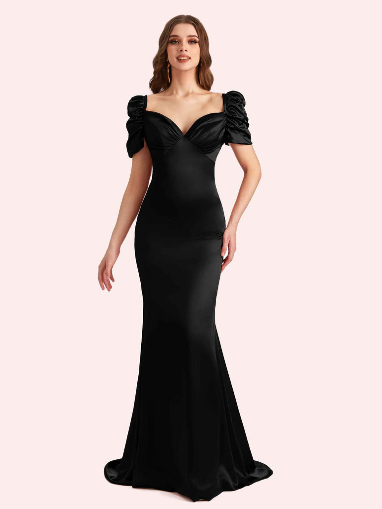 black mermaid dress short short black mermaid dress Square Neck Black Mermaid Long Prom Dresses, Short Sleeves Black Merma jbydress