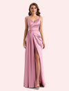 Sexy Spaghetti Straps Side Slit Mermaid Soft Satin Long Matron of Honor Dress For Wedding