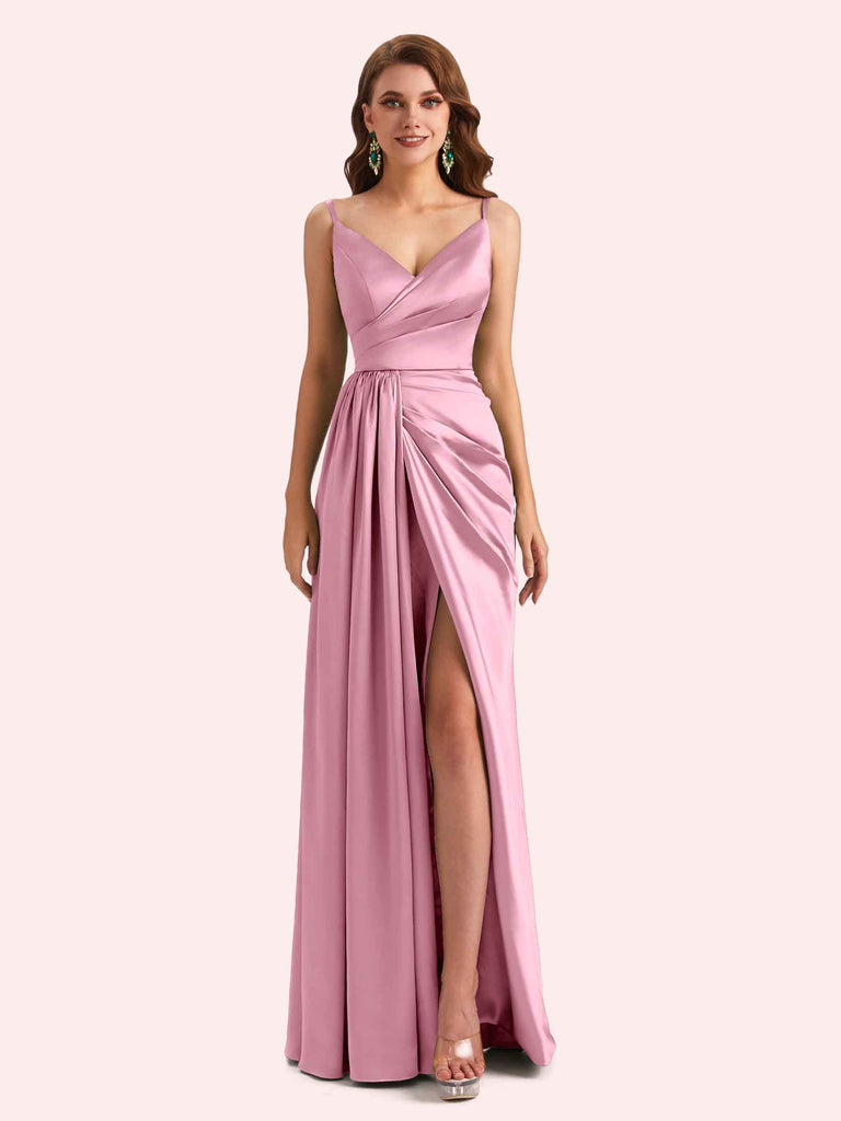 Sexy Spaghetti Straps Side Slit Mermaid Soft Satin Long Matron of Honor Dress For Wedding