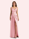 Sexy Spaghetti Straps Side Slit Mermaid Soft Satin Long Matron of Honor Dress For Wedding