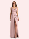 Sexy Spaghetti Straps Side Slit Mermaid Soft Satin Long Matron of Honor Dress For Wedding