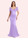Elegant V-neck Short Sleeves Mermaid Soft Satin Long Matron of Honor Dress For Wedding