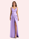 Sexy Spaghetti Straps Side Slit Mermaid Soft Satin Long Matron of Honor Dress For Wedding