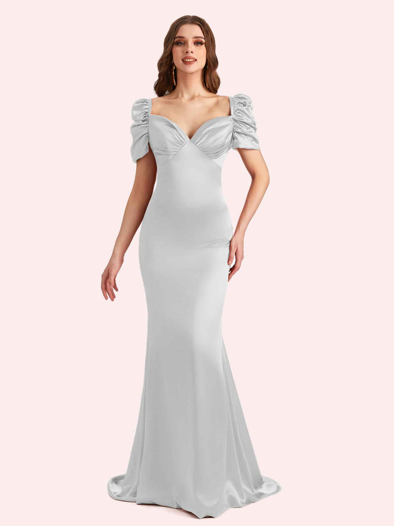 Elegant V-neck Short Sleeves Mermaid Soft Satin Long Matron of Honor Dress For Wedding