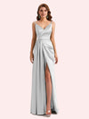 Sexy Spaghetti Straps Side Slit Mermaid Soft Satin Long Matron of Honor Dress For Wedding