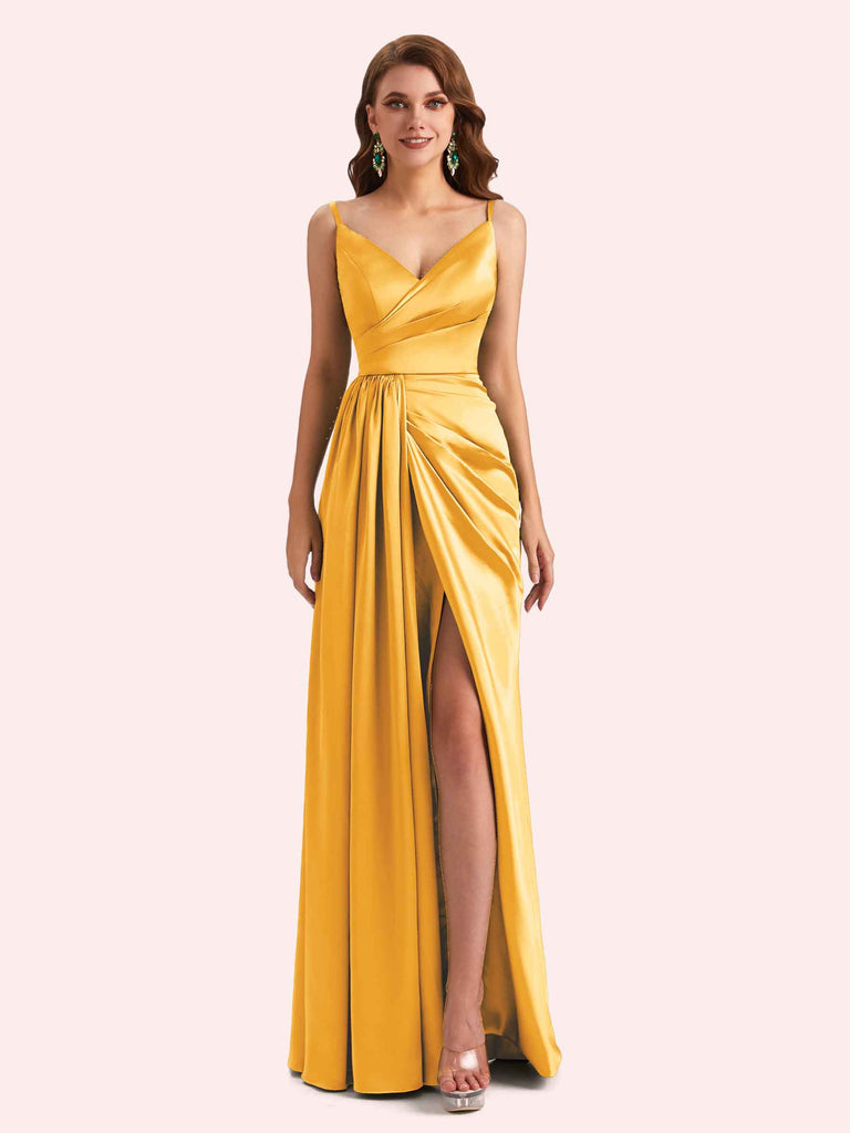 Sexy Spaghetti Straps Side Slit Mermaid Soft Satin Long Matron of Honor Dress For Wedding