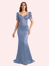 Elegant V-neck Short Sleeves Mermaid Soft Satin Long Matron of Honor Dress For Wedding