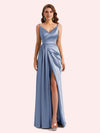 Sexy Spaghetti Straps Side Slit Mermaid Soft Satin Long Matron of Honor Dress For Wedding