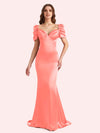 Elegant V-neck Short Sleeves Mermaid Soft Satin Long Matron of Honor Dress For Wedding