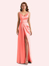 Sexy Spaghetti Straps Side Slit Mermaid Soft Satin Long Matron of Honor Dress For Wedding