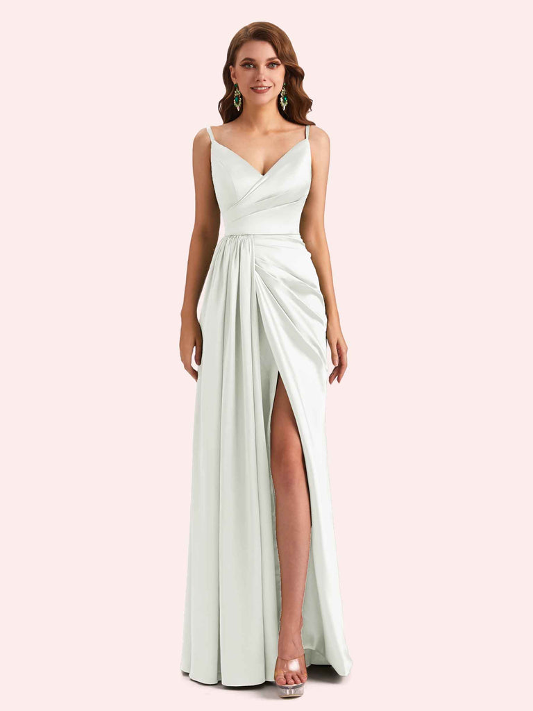 Sexy Spaghetti Straps Side Slit Mermaid Soft Satin Long Matron of Honor Dress For Wedding