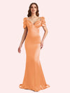 Elegant V-neck Short Sleeves Mermaid Soft Satin Long Matron of Honor Dress For Wedding