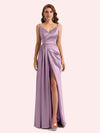 Sexy Spaghetti Straps Side Slit Mermaid Soft Satin Long Matron of Honor Dress For Wedding