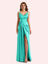 Sexy Spaghetti Straps Side Slit Mermaid Soft Satin Long Matron of Honor Dress For Wedding