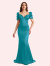 Elegant V-neck Short Sleeves Mermaid Soft Satin Long Matron of Honor Dress For Wedding