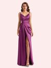 Sexy Spaghetti Straps Side Slit Mermaid Soft Satin Long Matron of Honor Dress For Wedding