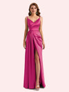 Sexy Spaghetti Straps Side Slit Mermaid Soft Satin Long Matron of Honor Dress For Wedding