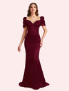 Elegant V-neck Short Sleeves Mermaid Soft Satin Long Matron of Honor Dress For Wedding