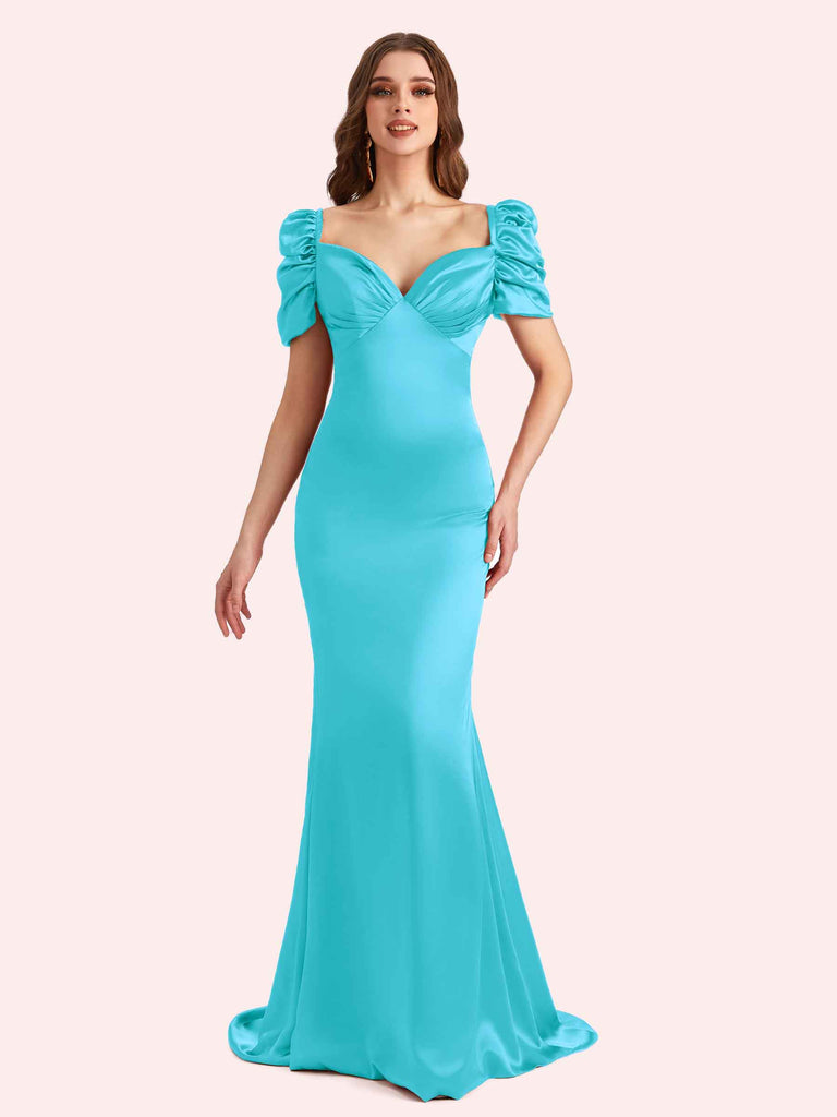 Elegant V-neck Short Sleeves Mermaid Soft Satin Long Matron of Honor Dress For Wedding