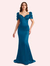Elegant V-neck Short Sleeves Mermaid Soft Satin Long Matron of Honor Dress For Wedding
