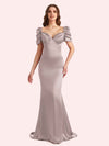 Elegant V-neck Short Sleeves Mermaid Soft Satin Long Matron of Honor Dress For Wedding