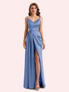 Sexy Spaghetti Straps Side Slit Mermaid Soft Satin Long Matron of Honor Dress For Wedding