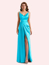 Sexy Spaghetti Straps Side Slit Mermaid Soft Satin Long Matron of Honor Dress For Wedding