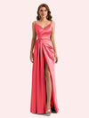 Sexy Spaghetti Straps Side Slit Mermaid Soft Satin Long Matron of Honor Dress For Wedding