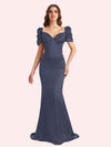 Elegant V-neck Short Sleeves Mermaid Soft Satin Long Matron of Honor Dress For Wedding