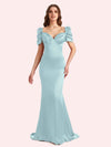 Elegant V-neck Short Sleeves Mermaid Soft Satin Long Matron of Honor Dress For Wedding