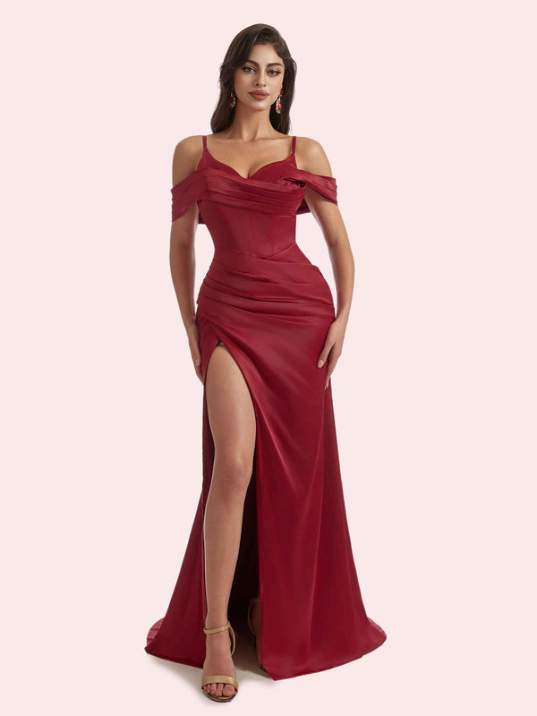 Elegant Mermaid Pleats Side Slit Off Shoulder Soft Satin Long Bridesmaid Dress For Wedding